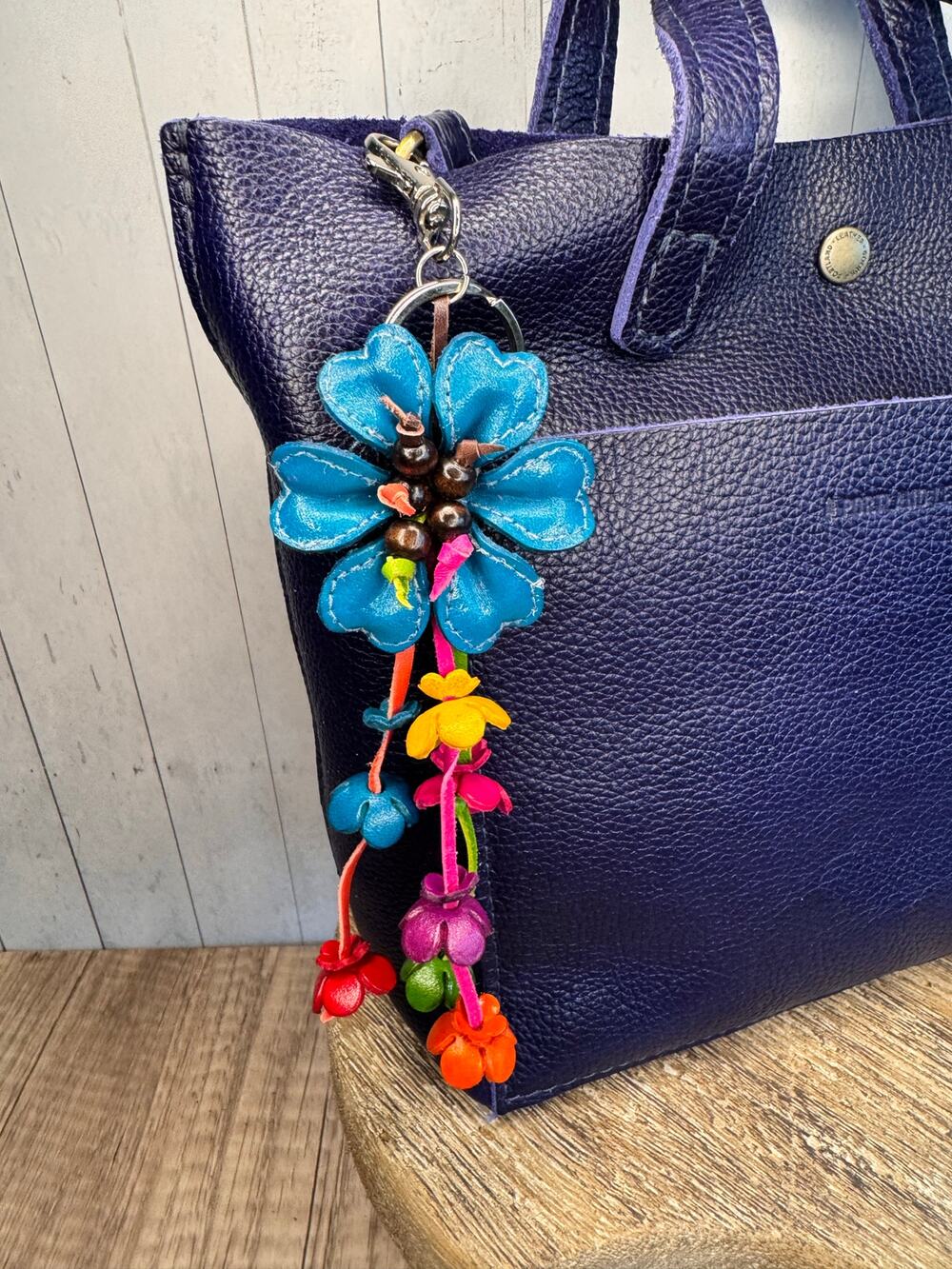 Bright Blue Daisy Flower Leather Bag Charm Genuine Leather Purse Charm Flowers